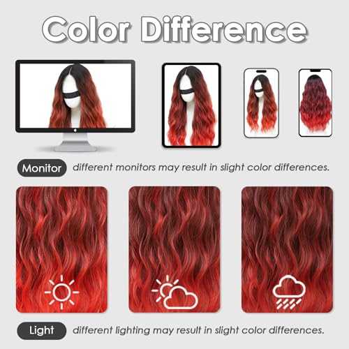 Beelu Ombre Red Curly Lace Wig for Women 26 Inch Long Middle Part Synthetic Hair