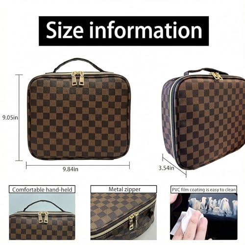 Brown Checkered Makeup Bag Organizer Travel Cosmetic Case with Brush Storage | Large Capacity Makeup & Skin Care Organizer with Adjustable Dividers | Stylish PU Leather Designer Vanity Bag