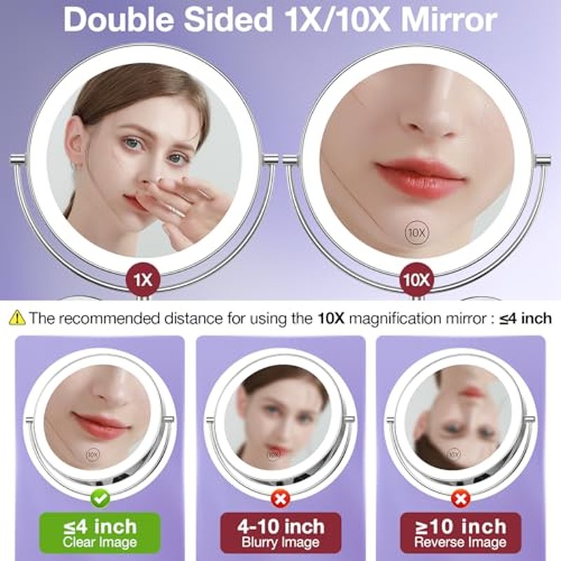 Benbilry 9" Large Size Wall Mounted Lighted Makeup Vanity Mirror, 1X/10X Magnifying 2-Sided AC Plug-in Powered Bathroom Mirror, 360¡Æ Swivel 13 Inch Extendable Arm, Chrome