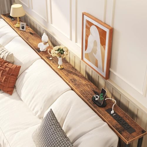 Narrow Adjustable Console Table 78.7'' with Charging Ports - Rustic Brown, 26-34" Height