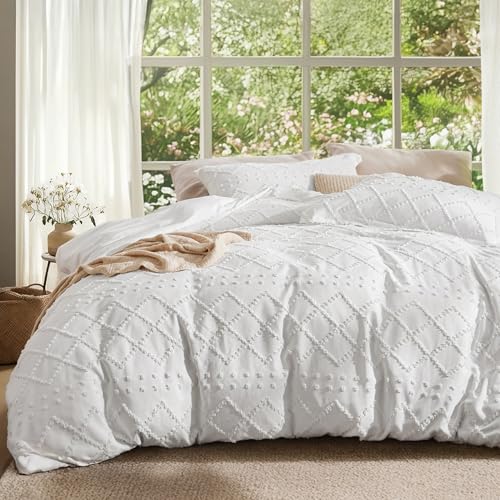 Bedsure White Boho King Duvet Cover with Embroidery - 104x90 Inches