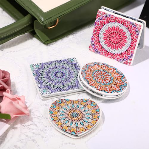 12-Piece Portable Folding Makeup Mirror Set with Diamond Art Design, Compact Handheld Mirrors for Women