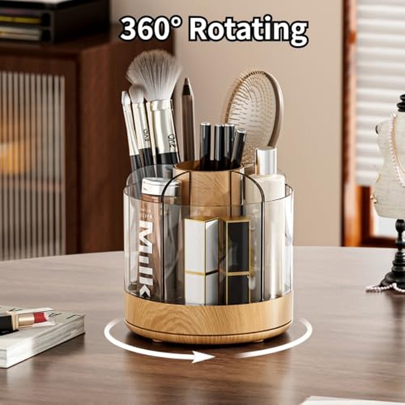 Makeup Brush Holder 360¡Æ Rotating 6 Slot Multi-Compartment Storage, Acrylic Spinning Organizer for Cosmetics Nail Polish Combs, Bathroom Vanity Desktop Organizer (Dark Woodgrain)