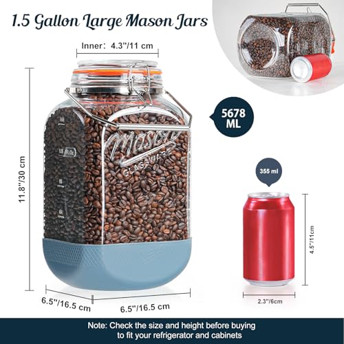 Square 1.5 Gallon Glass Mason Jar with Airtight Lid & Handle - 2 Pack