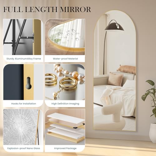 NEWBULIG Gold Arched Full Length Floor Mirror 64x21 Inches - Full Body Standing Mirror
