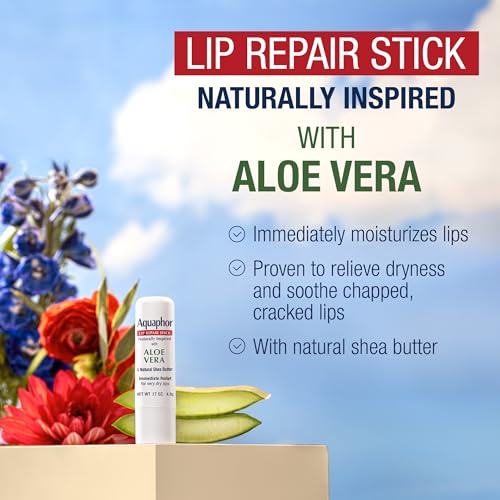 Aquaphor Naturally Inspired Lip Repair Stick with Aloe Vera and Natural Shea Butter, Hydrating Lip Balm Immediately Relieves Dryness and Soothes Chapped Lips, 0.17 Oz Stick, Pack of 3