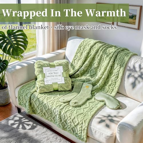 Green Get Well Soon Gift Basket for Women with Flannel Blanket - Self Care Package