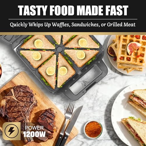 3-in-1 Panini Grill Press with Removable Plates - Breakfast Sandwich & Waffle Maker - Electric Griddle