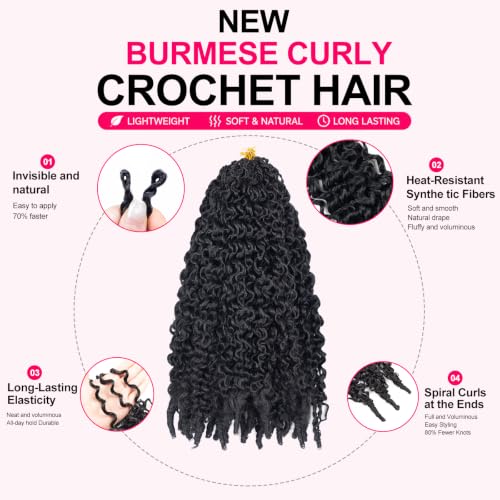 Burmese Curly Crochet Hair 16 Inch - Natural Look for Black Women, Pre-Looped, 8 Pack