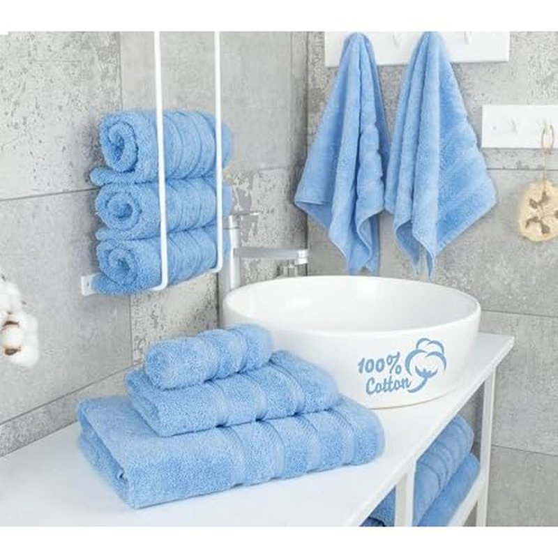 American Soft Linen Luxury 6 Piece Towel Set, 2 Bath Towels 2 Hand Towel 2 Washcloths, 600 GSM 100% Cotton Turkish Towels for Bathroom, Sky Blue Towel Sets
