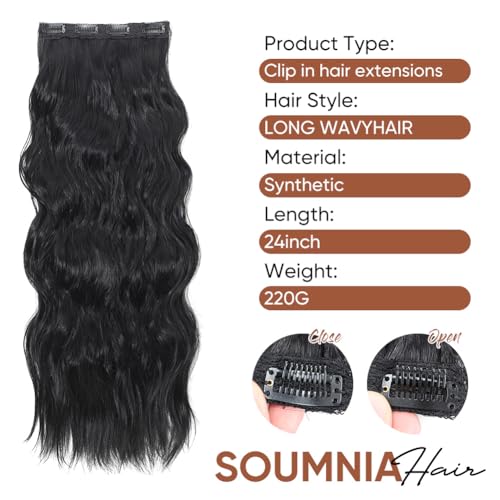 Soumnia 4PCS Black 24-Inch Soft Wavy Clip-In Hair Extensions - Model 1B#