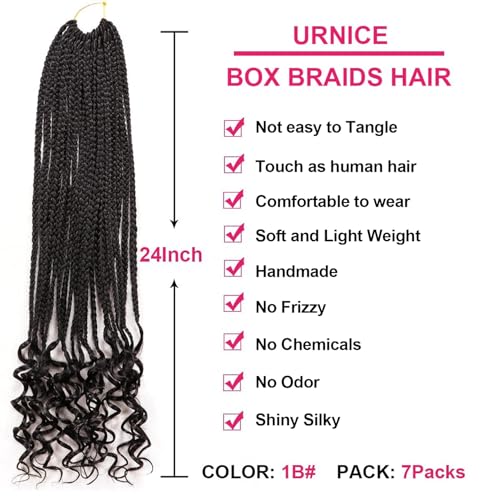 URNice 7 Pack 24 Inch Boho Goddess Box Braids Crochet Hair for Black Women - 1B#
