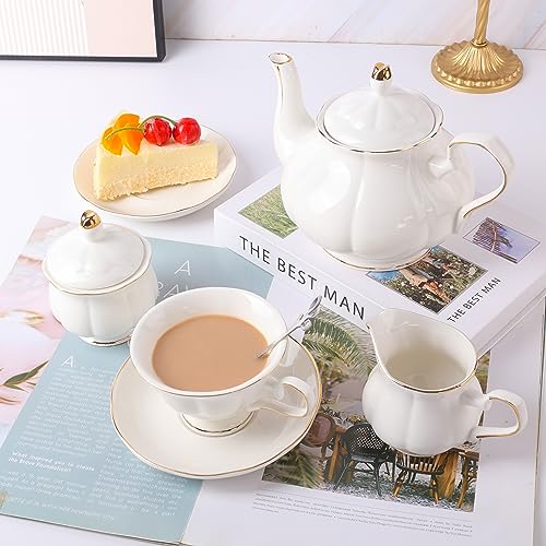 White 22-Piece Porcelain Tea Set with Cups Saucer Teapot Sugar Bowl Creamer for 6