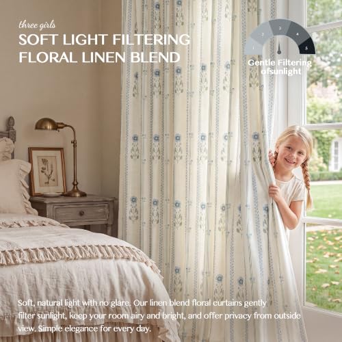 White Green 2-Pack Pinch Pleated Floral Linen Curtains 40x84 Inches for Living Room & Bedroom