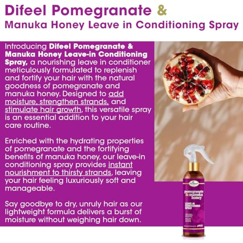 Difeel Pomegranate & Manuka Honey Leave-in Conditioning Spray 8 oz. - Leave in Conditioner for Dry, Damaged Hair, Strengthens, Adds Moisture and Stimulates Growth