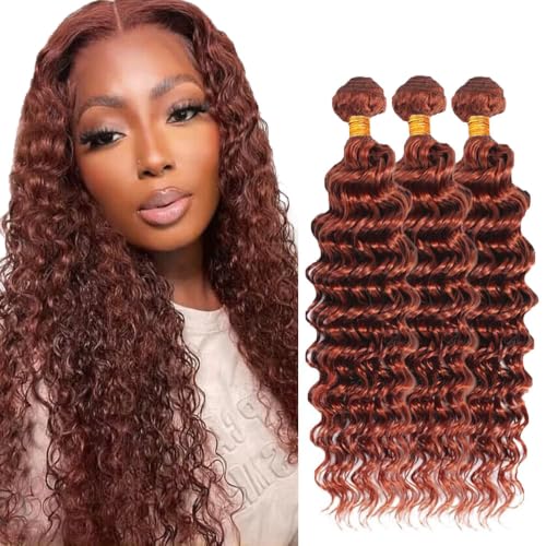 Reddish D Copper Reddish Brown Deep Wave Hair Bundles - 18 20 22 Inch Virgin Brazilian Remy Extensions - Unprocessed Hair for Black Women