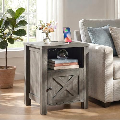 Farmhouse Nightstand with Charging Station and Storage - Dark Grey Wood End Table