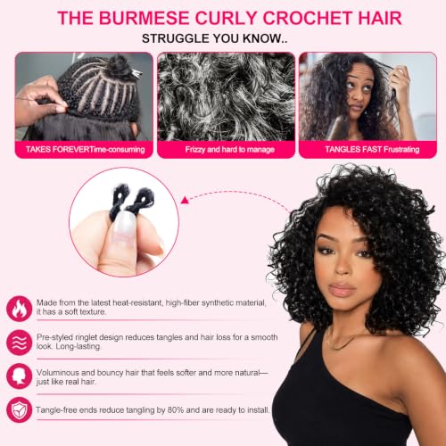 10 Inch Burmese Curly Crochet Hair for Black Women - Pre-Looped, Natural Look, 8 Packs
