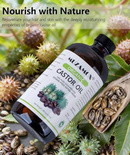 Organic Cold Pressed Castor Oil 16 Fl Oz in Glass Bottle - Pure, Hexane Free, For Hair, Skin & Castor Pack - MUZAMOX