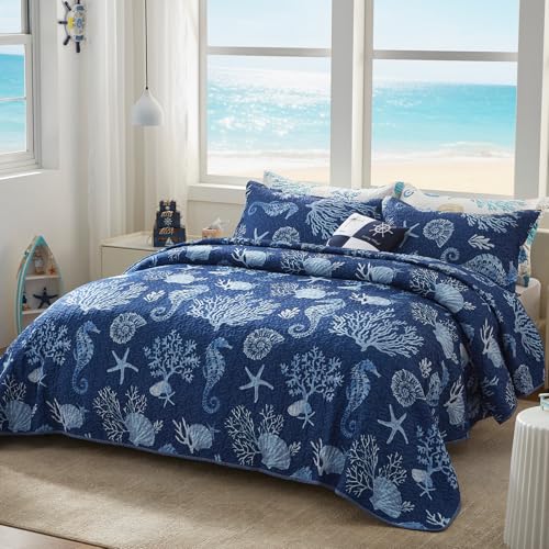 LEAONME Coastal California King Quilt Set Navy Reversible Microfiber Bedspread