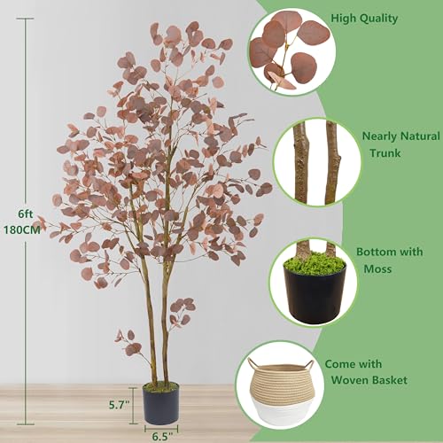6ft Red Eucalyptus Artificial Tree with Basket - Indoor Outdoor Decor
