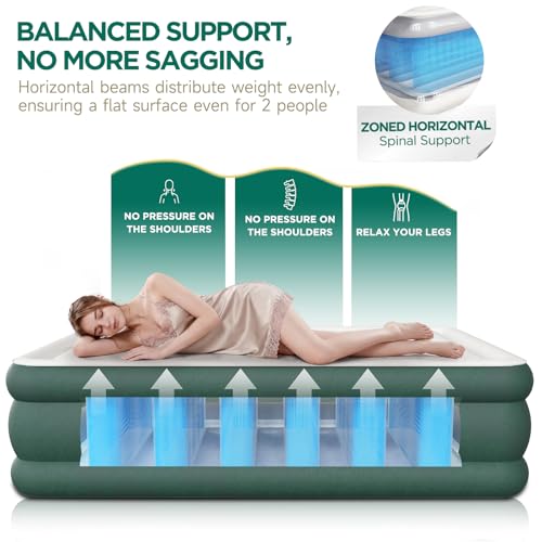 Queen Air Mattress with Built-in Pump, 18in, Green, 3-Layer Laminated Surface