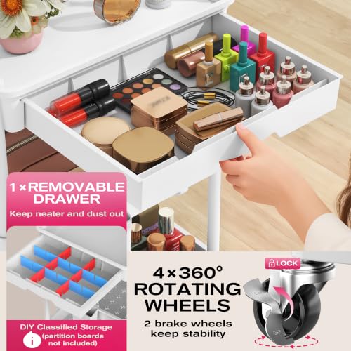 4-Tier White Rolling Makeup Organizer Cart with Removable Drawer - Goovilla