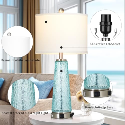 Teal Coastal Glass Table Lamp with USB & Outlet - 26 Inch Nightstand Lighting