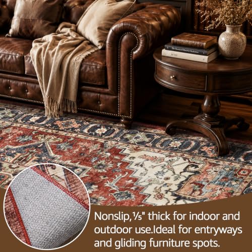 6x9 Washable Living Room Rug - Vintage Oriental Medallion - Terra Red
