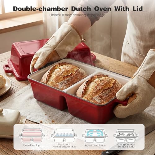 Red Double Dutch Oven for Sourdough Bread Baking - Enameled Cast Iron