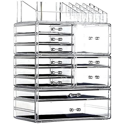 Cq acrylic Clear Makeup Storage Organizer Drawers Skin Care Large Cosmetic Display Cases Stackable Storage Box With 11 Drawers For Dresser 1 Pack