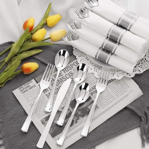 200 Pack Silver Disposable Cutlery Set with Napkins - Heavy Duty, Wedding & Party Utensils - Joyido