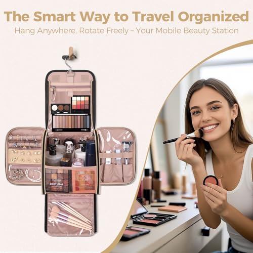 Black Hanging Toiletry & Makeup Bag with Jewelry Organizer - Travel Cosmetic Organizer
