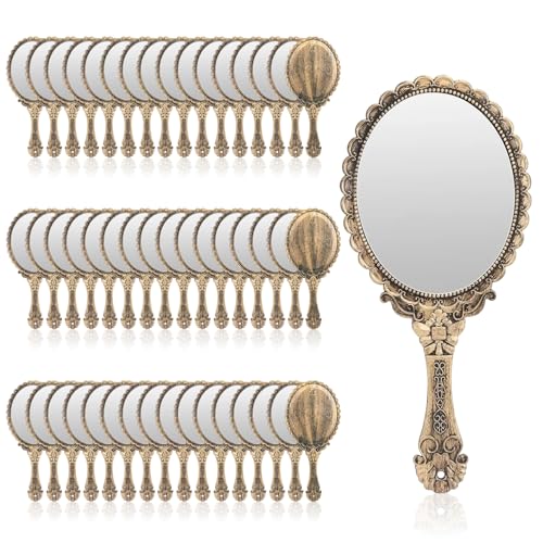 Vintage Handheld Makeup Mirror Brass Gold Floral Design - 48 Pcs