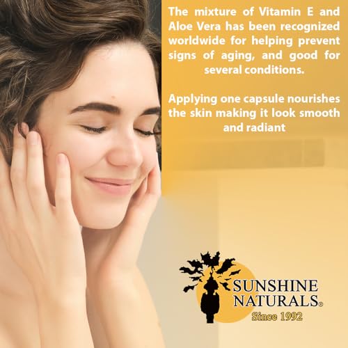 Sunshine Naturals Vitamin E and Aloe Vera Moisturizer. Hydrating Formula for Dry Skin, Soothing Relief, Nourishment, and Skin Elasticity. Promotes Soft, Smooth, and Healthy-Looking Skin. 60 Vials.