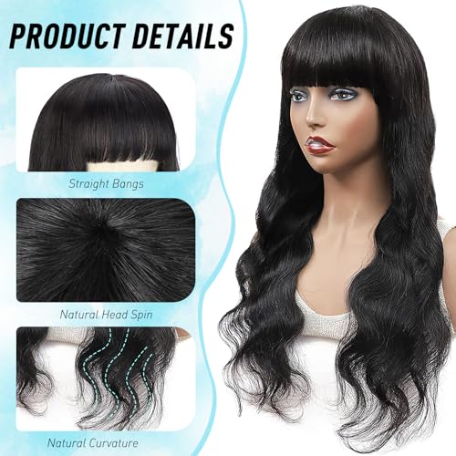 20 Inch Body Wave Human Hair Wig with Bangs - Natural Black, Lace Front, Glueless, Brazilian Virgin Hair