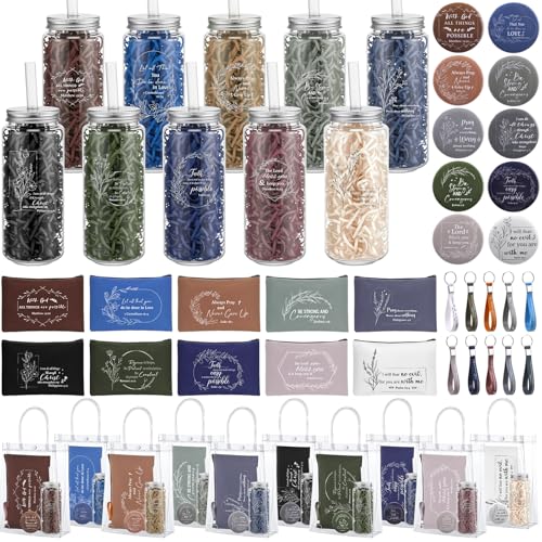 Afarnook 50 Pcs Christian Gift for Women Bible Verse Church Gift Bulk Include 13oz Inspirational Quotes Cup with Lid Religious Makeup Bag Mini Compact Mirror Keychain Bag Inspirational Christmas Gifts