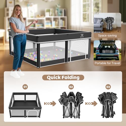 Foldable Baby Playpen with Mat - Portable Indoor & Outdoor Play Yard, Black 50x50in