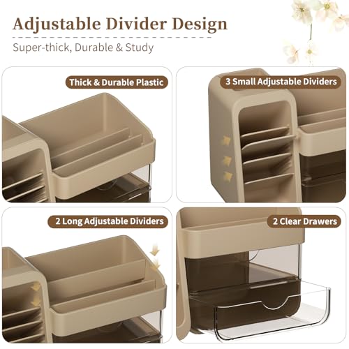 Jywantful Light Mocha Brown Makeup Organizer with Adjustable Brush Holders & Clear Drawers