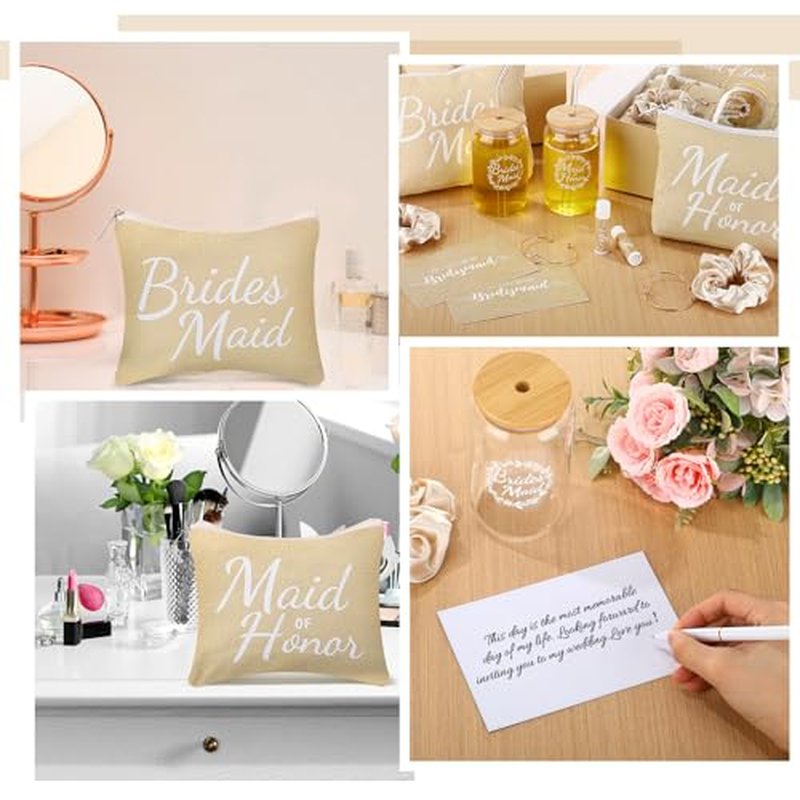 54 Pcs Bridesmaid Proposal Gifts, Maid of Honor Bride Gift Include Wedding Gift Box Makeup Bag Invited Card Glass Cup Lip Balm Scrunchie Bracelet for Bridal Shower Party(Beige)