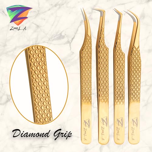 Zane L.A. Nano Fiber Tip Professional Eyelash Extension Tweezers, a pack of 4, Quality tweezers made with Japanese Stainless Steel, includes Stylish Half Moon Mirror. (Gold)