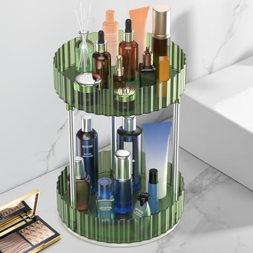 Makeup Organizer,360¡Æ Rotating Makeup Organizer,2-Tier Round Rotating Skincare Organizer Countertop,Fits Bedroom, Bathroom, Vanity Shelf Countertop(Green)