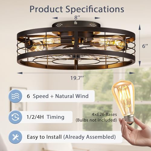 Black 19.7 Inch Caged Ceiling Fan with Light Remote Control Farmhouse Style