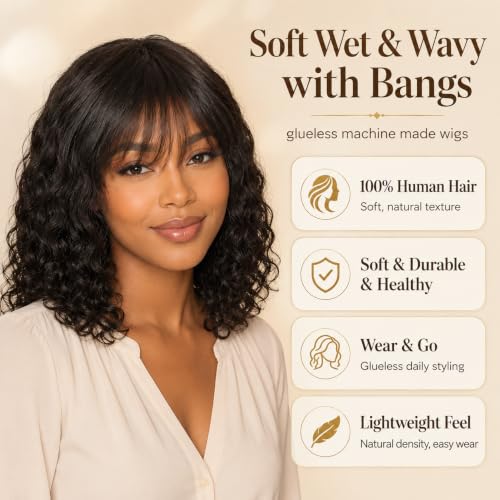 ManeMajesty Wet and Wavy Human Hair Wig with Bangs 16 Inch, 150% Density, Natural Color