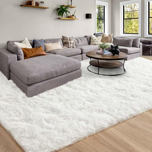 Large Ivory Shaggy Rug 9x12 Feet Modern Plush Furry Floor Carpet for Living Room Bedroom