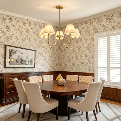 Brushed Gold Modern Farmhouse Chandelier 28" Adjustable Linen Shade Pendant Light