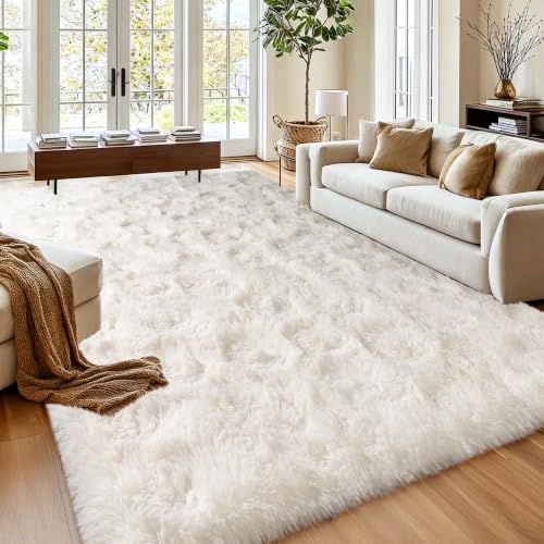 Cream 8x10 Area Rug for Living Room - Large Fluffy Shaggy Carpet