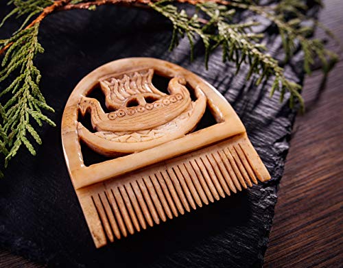 Viking Ox Bone Comb with Drakkar Longship Design - Pocket Beard & Hair Comb