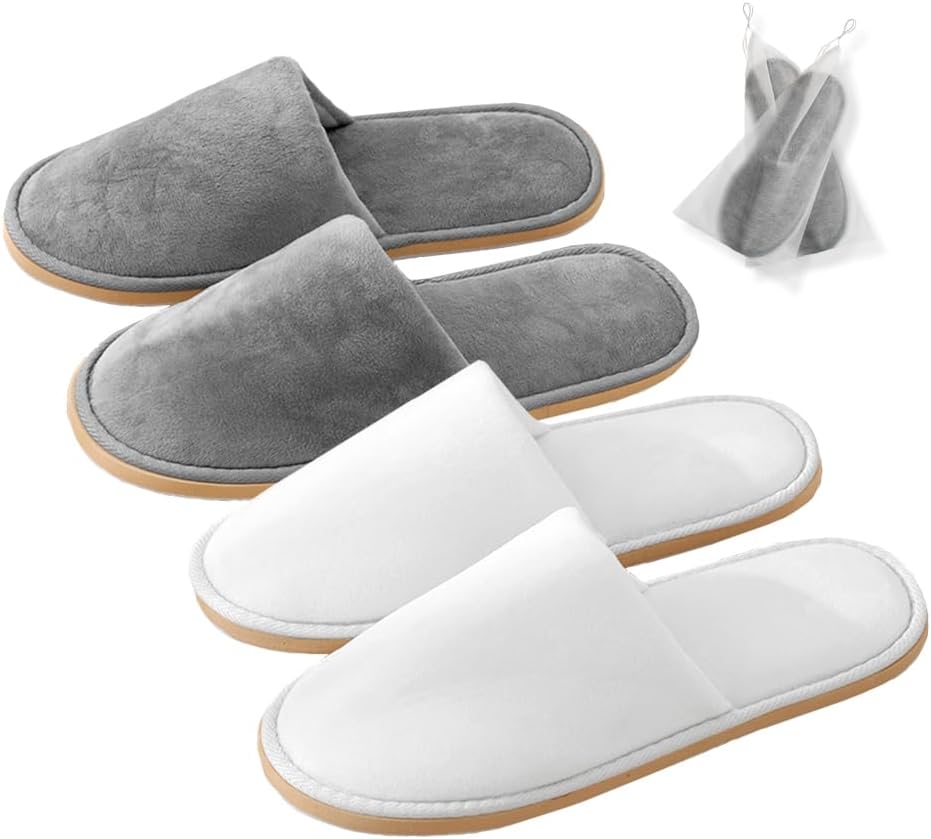Non-Slip Disposable Slippers - 2-6 Pairs, Washable Velvet Closed Toe for Guests, Hotel & Spa