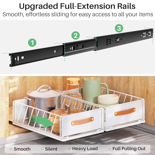 Pull Out Cabinet Organizer 15.8W x 21D x 6.2H Inches White - Heavy Duty Slide Out Shelves with Handle, Nano Film, No Drill Needed (1 Pack)